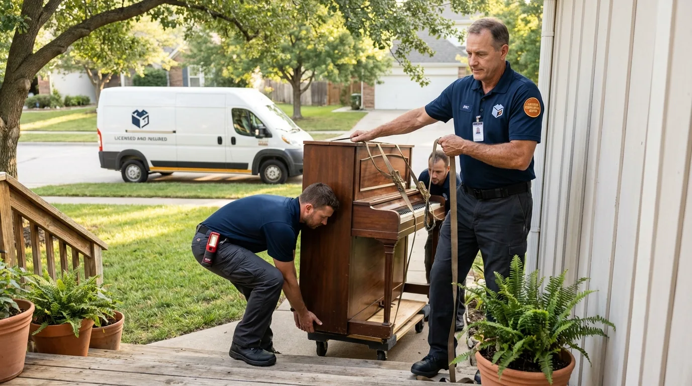 Licensed piano movers securing grand piano in Rancho Palos Verdes, CA
