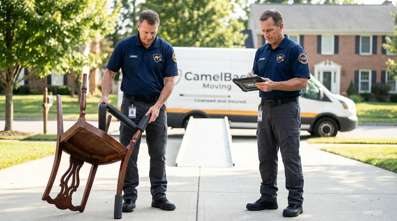 Movers inspecting furniture for damage prevention before loading in Rancho Palos Verdes, CA