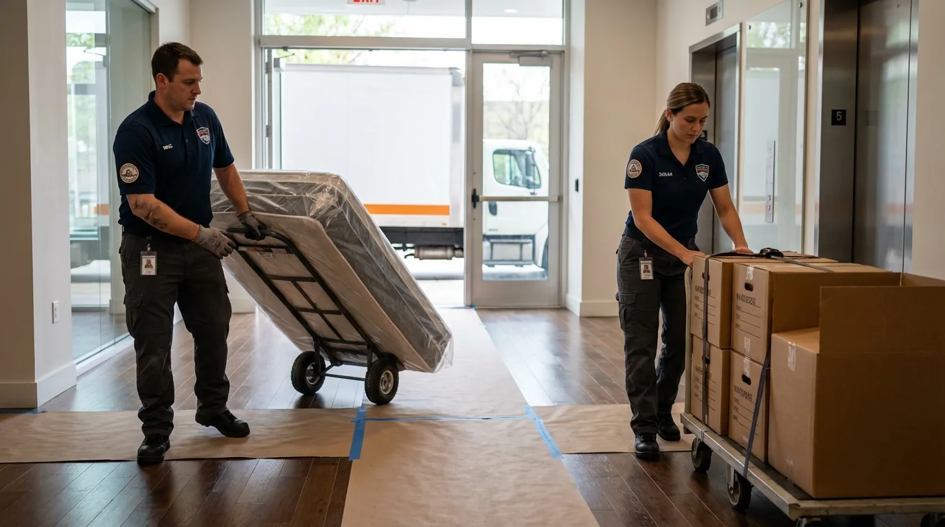 Professional apartment movers loading elevator in Rancho Palos Verdes, CA