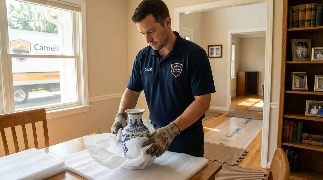 Professional crew carefully wrapping antique vase for senior downsizing move in Rancho Palos Verdes, CA